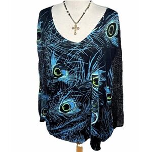 Nygard Collection Women's 3x Black Sweater Peacock V-neck Glittery Mesh Sequined